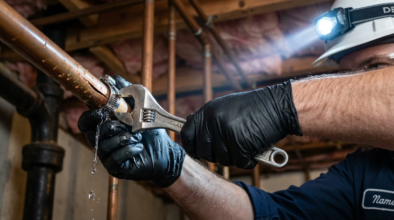 Emergency pipe clamp repair being performed by a Johns Plumbing LLC plumber in Stephenville