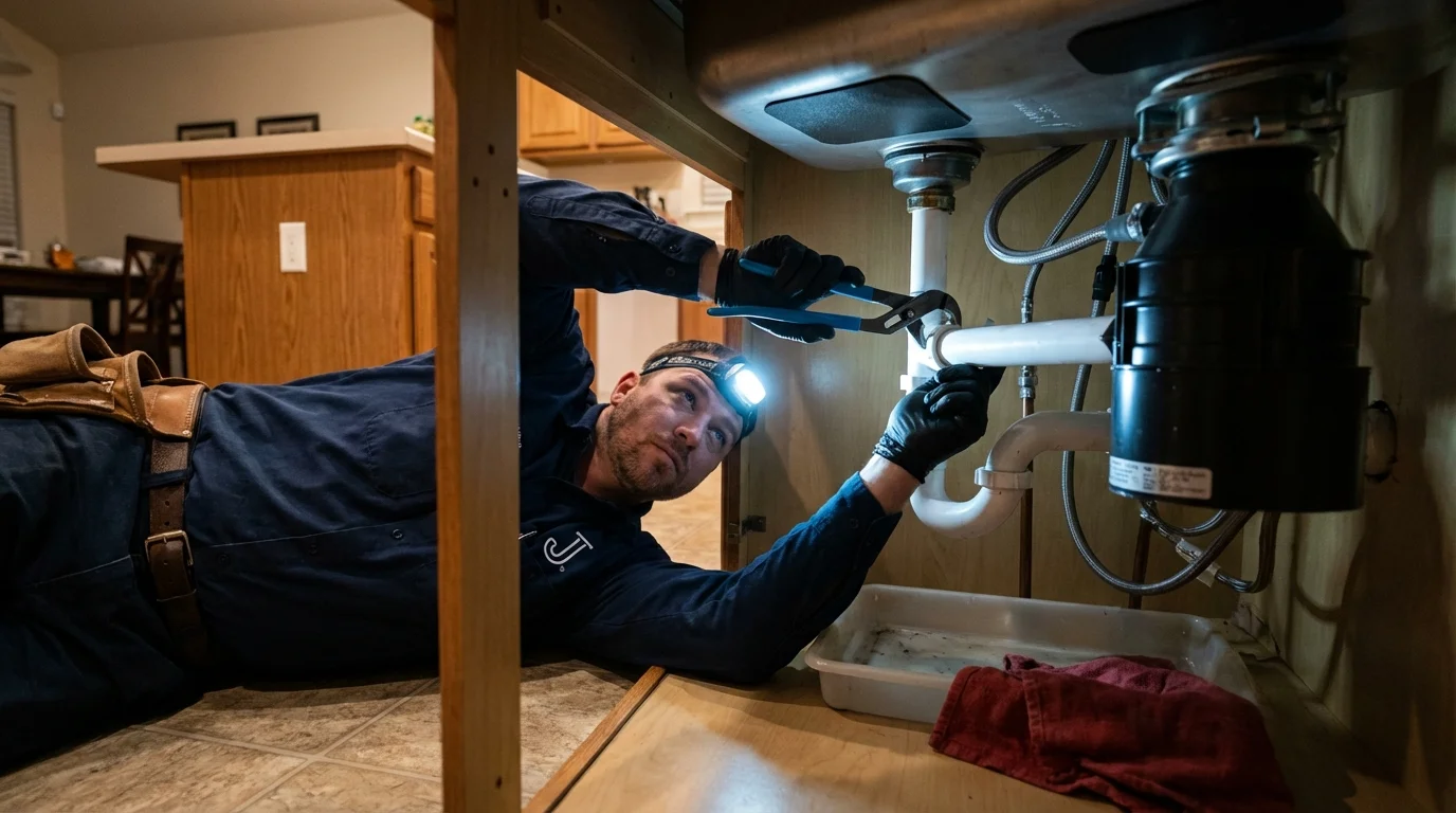 P-trap and supply line connections under a kitchen sink showing a common leak point in Stephenville, TX